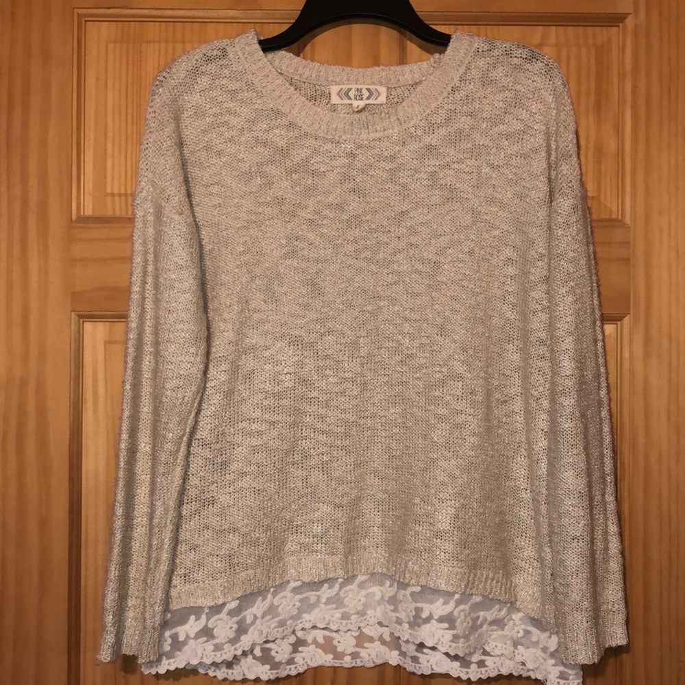 Taupe sweater with ivory lace trim